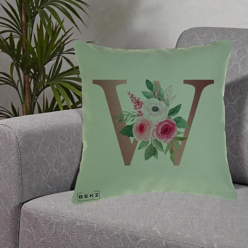 Cadou Personalizat - Perna Personalizata Monograma Rose Gold Litera W cu Trandafiri si Anemona, 40x40 cm, Verde, Husa Detasabila, Perna Inclusa, BEKZ®