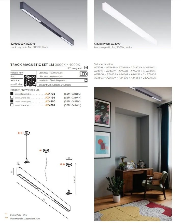 Set un metru sina magnetica monofazata cu iluminat inclus Alfa 52M1031WH alb, 3000K