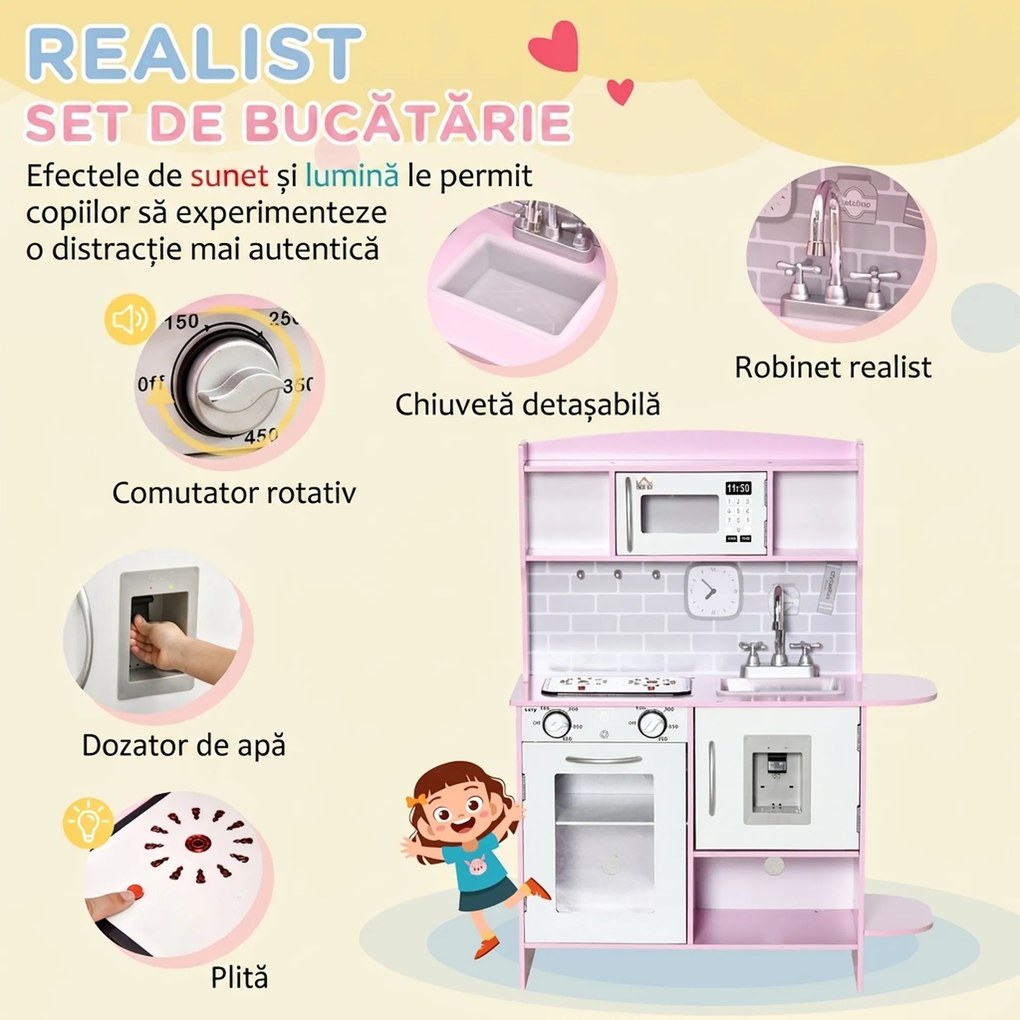 HOMCOM Bucătărie de Jucărie pentru Copii, cu Lumini și Sunete, Dozator Apă, Chiuvetă și Accesorii, MDF, PP, Roz | Aosom Romania