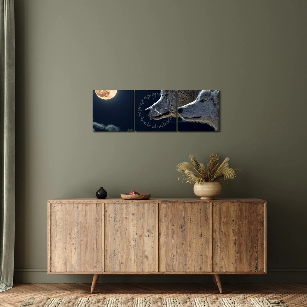 Tablou cu lupi în lună (cu ceas) (90x30 cm)