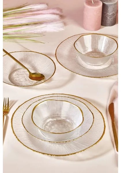 Set de masă 18 piese, din sticlă transparentă cu accente aurii
