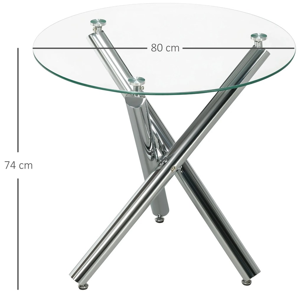 HOMCOM Masă Rotundă pentru 2-4 Persoane cu Blat din Sticlă și Picioare de Oțel Φ80cm | Aosom Romania