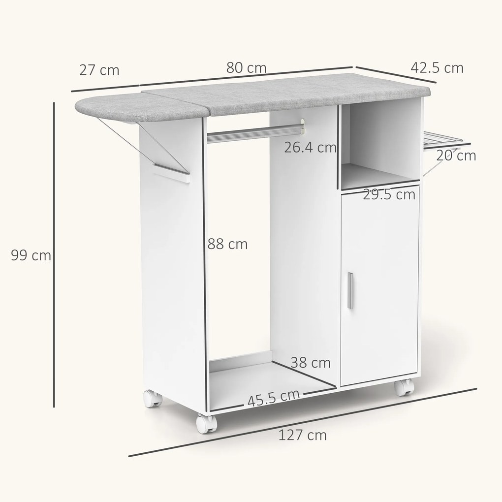 HOMCOM Dulap Multifuncțional cu Masă de Călcat | Blat din Tesatura Efect In | 3 Rafturi | Ghidaj pentru Agățat | 127x42.5x99 cm | Alb | Aosom Romania