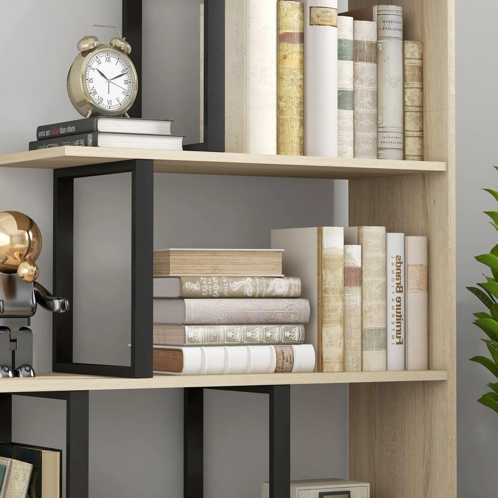 HOMCOM Bibliotecă raft separator de încăperi de stil industrial în formă de scară cu 5 rafturi 102 x 30 x 160 cm culoare stejar | Aosom Romania