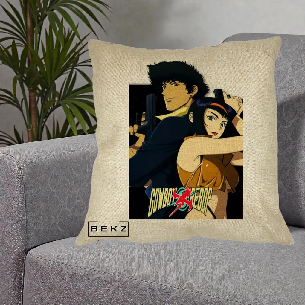 Perna Personalizata Cowboy Bebop Spike si Faye Poster, 40x40 cm, Crem, Husa Detasabila, Perna Inclusa, BEKZ®