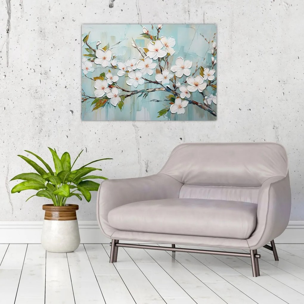 Tablou pe sticlă - Pictură, ramuri de copac înflorit (70x50 cm)