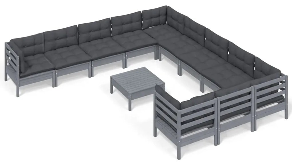 Set mobilier de gradina cu perne, 12 piese, gri, lemn de pin Gri, 1