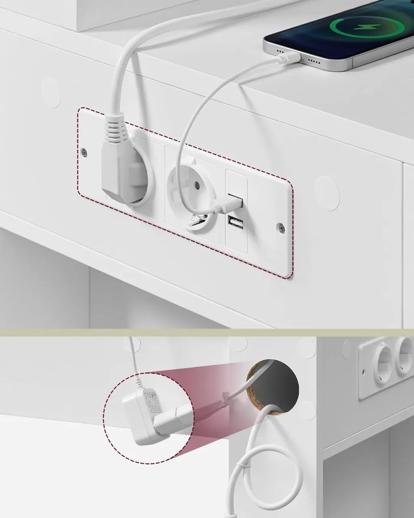 SEA803 - Set Masa toaleta 125 cm, cu dulapior Bijuterii, Priza si USB, cosmetica, machiaj, oglinda cu LED, masuta vanity - Alb