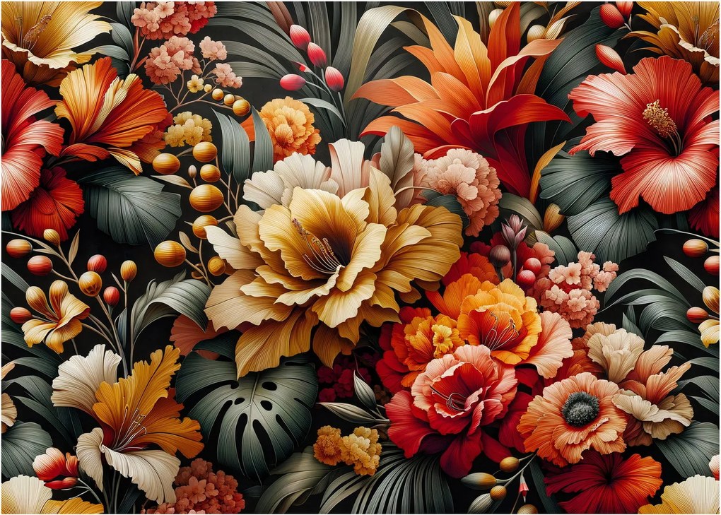 Tablou pe sticlă - Flori portocalii și roșii (70x50 cm)