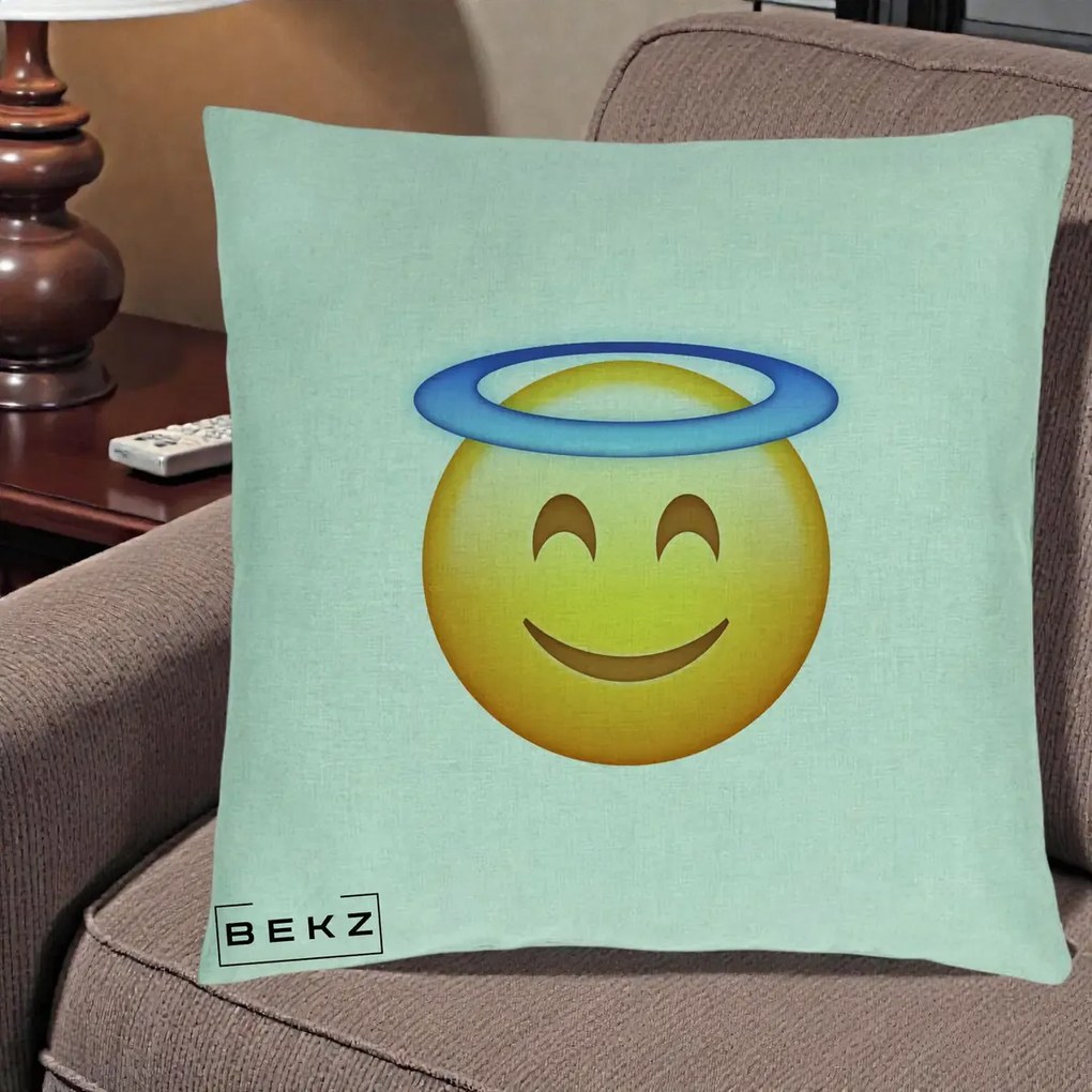 Perna Decorativa Emoji Inger cu Aureola, 40x40 cm, Verde Menta, Husa Detasabila, Perna Inclusa, BEKZ®