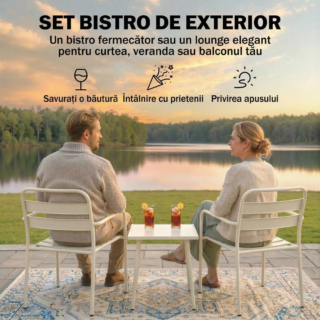 Outsunny Set Bistrò 3 Piese din Oțel Galvanizat, Set de Grădină cu 2 Scaune și Masă din Sticlă Temperată, Mobilier Exterior pentru Terasă, Balcon, Alb | Aosom Romania