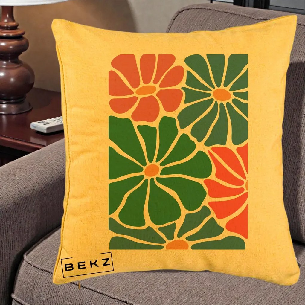 Perna Decorativa Flori Grafice Verde-Roz-Albastru, 40x40 cm, Galben, Husa Detasabila, Perna Inclusa, BEKZ®