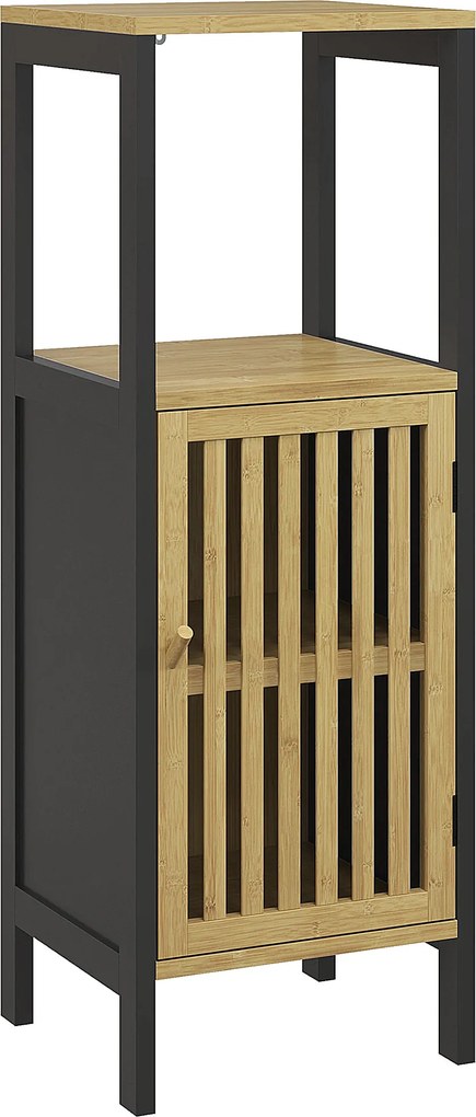 HOMCOM Dulap de Depozitare Îngust, Dulap de Baie Mic din Bambus cu Compartiment Deschis și Raft Reglabil, 32x30x90.5 cm, Negru | Aosom Romania
