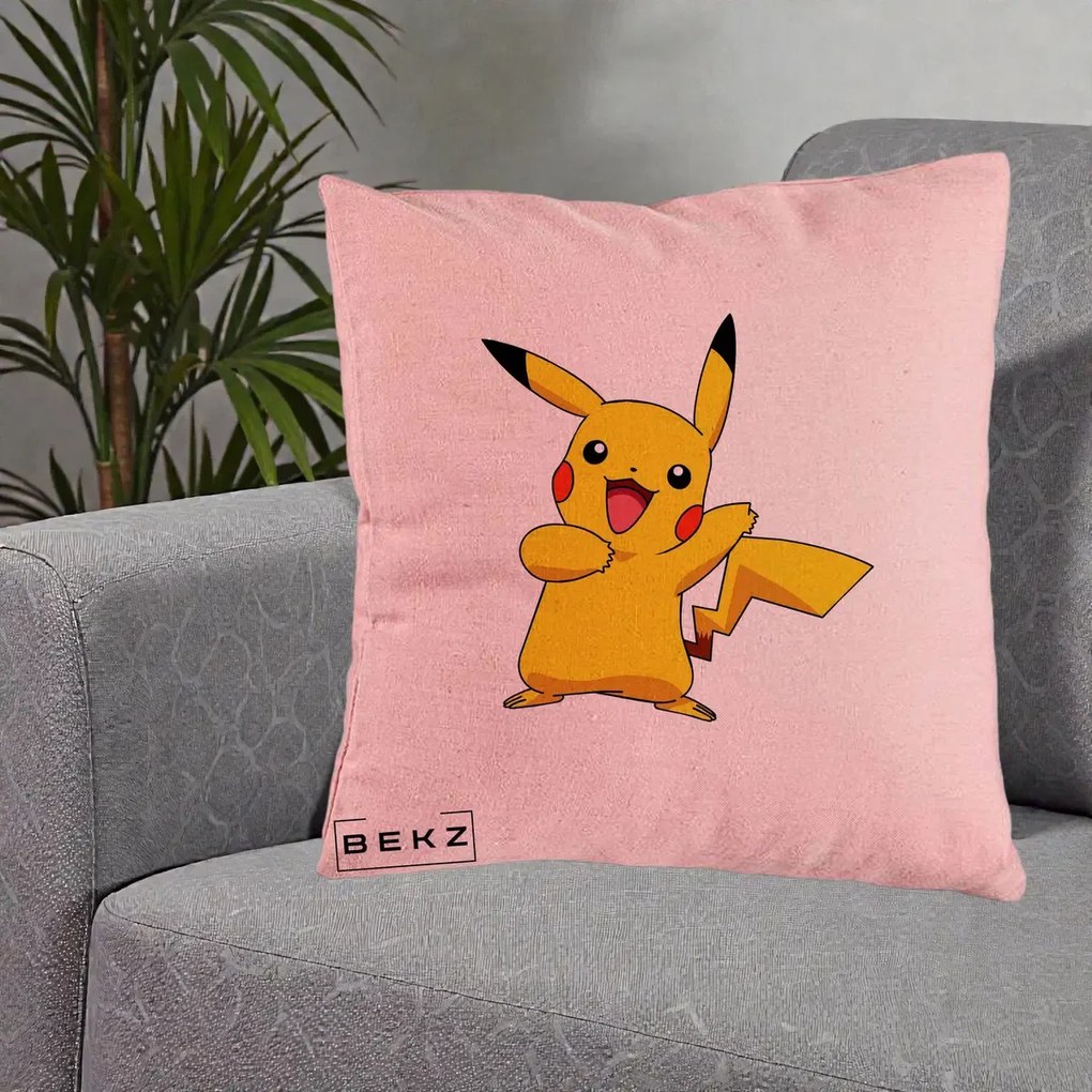 Perna Personalizata Pikachu Fericit, 40x40 cm, Roz, Husa Detasabila, Perna Inclusa, BEKZ®