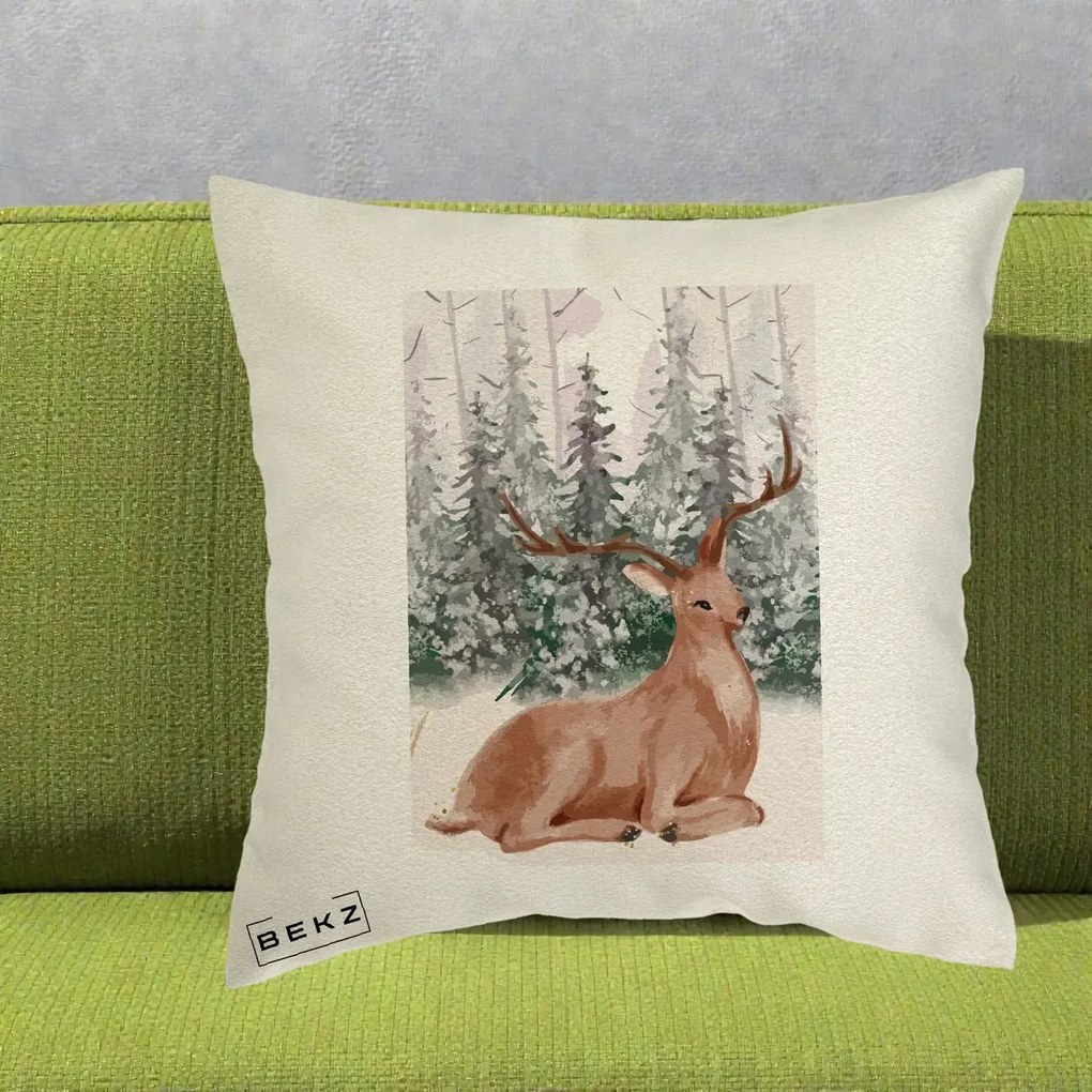 Perna Decorativa Ren in Padure Roz Moale, 40x40 cm, Ecru, Husa Detasabila, Perna Inclusa, BEKZ®