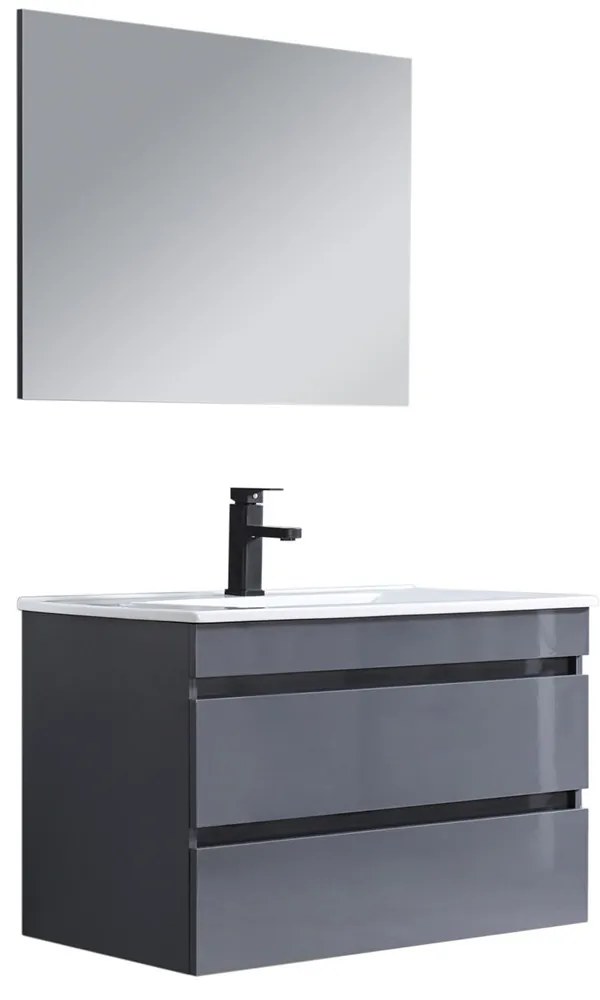 Mobilier de baie Cube, chiuvetă ceramică 80 cm, oglindă cu 2 sertare, 60x80 cm, gri antracit