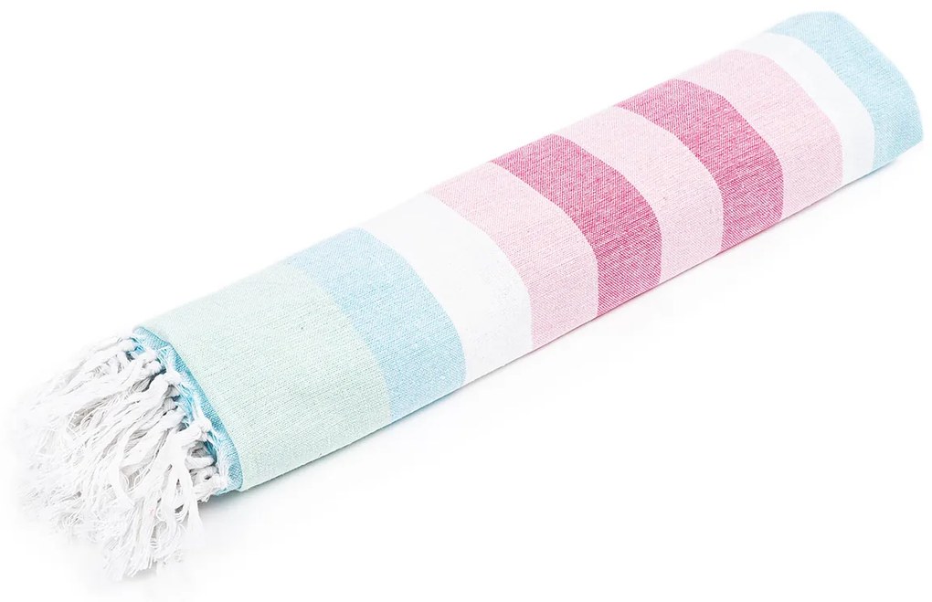 Prosop Fouta Stripes pink cu franjuri, 90 x 170 cm