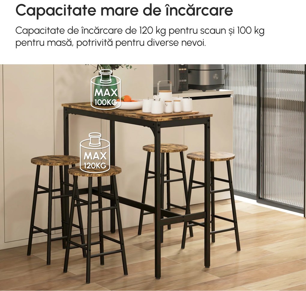 HOMCOM Set Masă și Scaune din MDF și Oțel cu 4 Scaune cu Suport pentru Picioare și Masă Dreptunghiulară, 105x40x90 cm, Maro | Aosom Romania