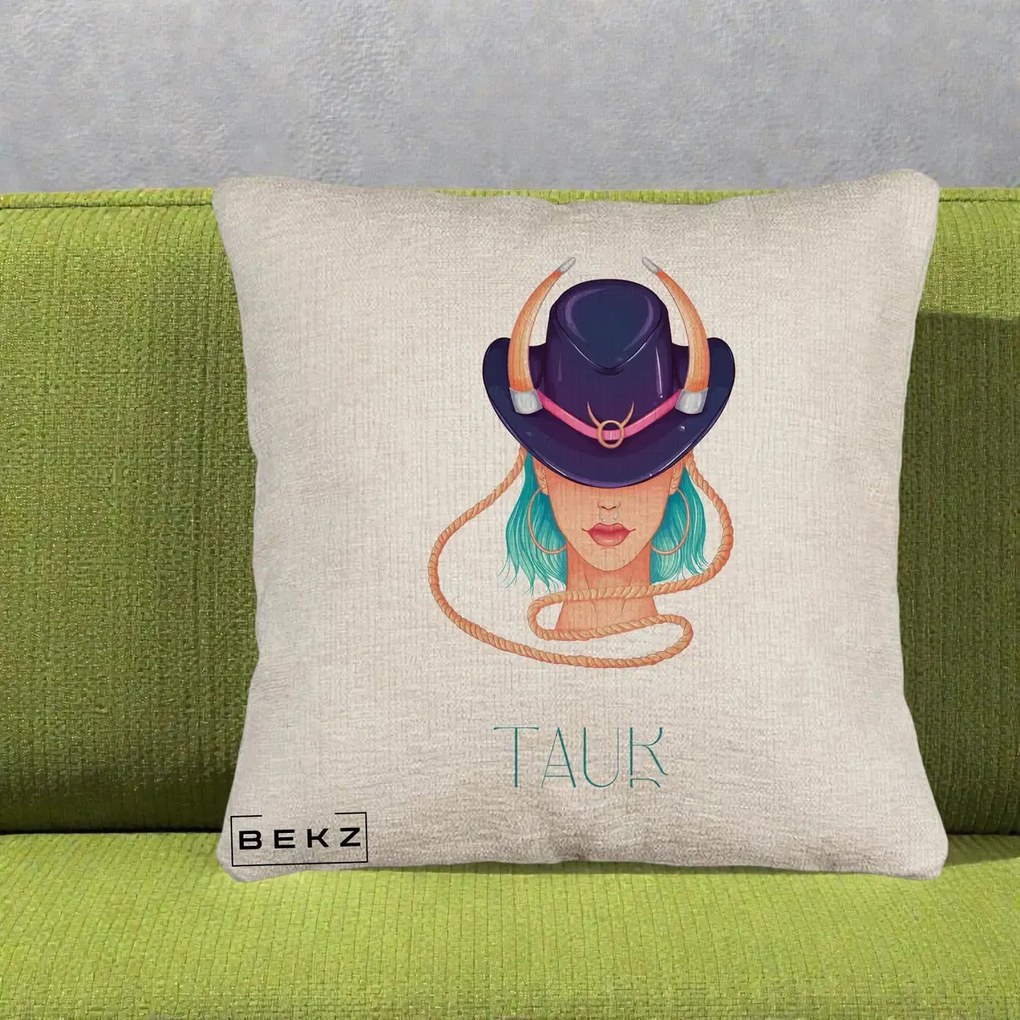Perna Personalizata Zodie Taur, 40x40 cm, Bej Canapea, Husa Detasabila, Perna Inclusa, BEKZ®