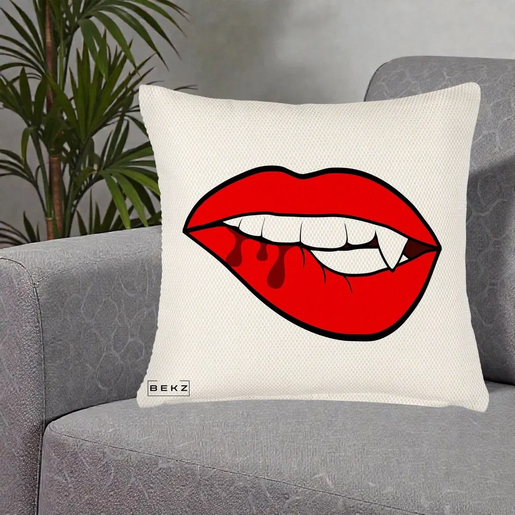 Perna Decorativa Vampire Lips Halloween, 40x40 cm, Crem Reliefat, Husa Detasabila, Perna Inclusa, BEKZ®