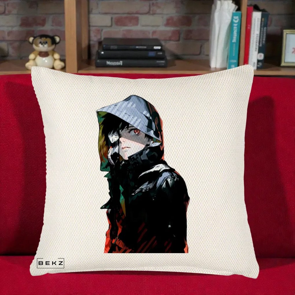 Perna Personalizata Tokyo Ghoul Ken Kaneki cu Masca si Gluga, 40x40 cm, Crem Reliefat, Husa Detasabila, Perna Inclusa, BEKZ®