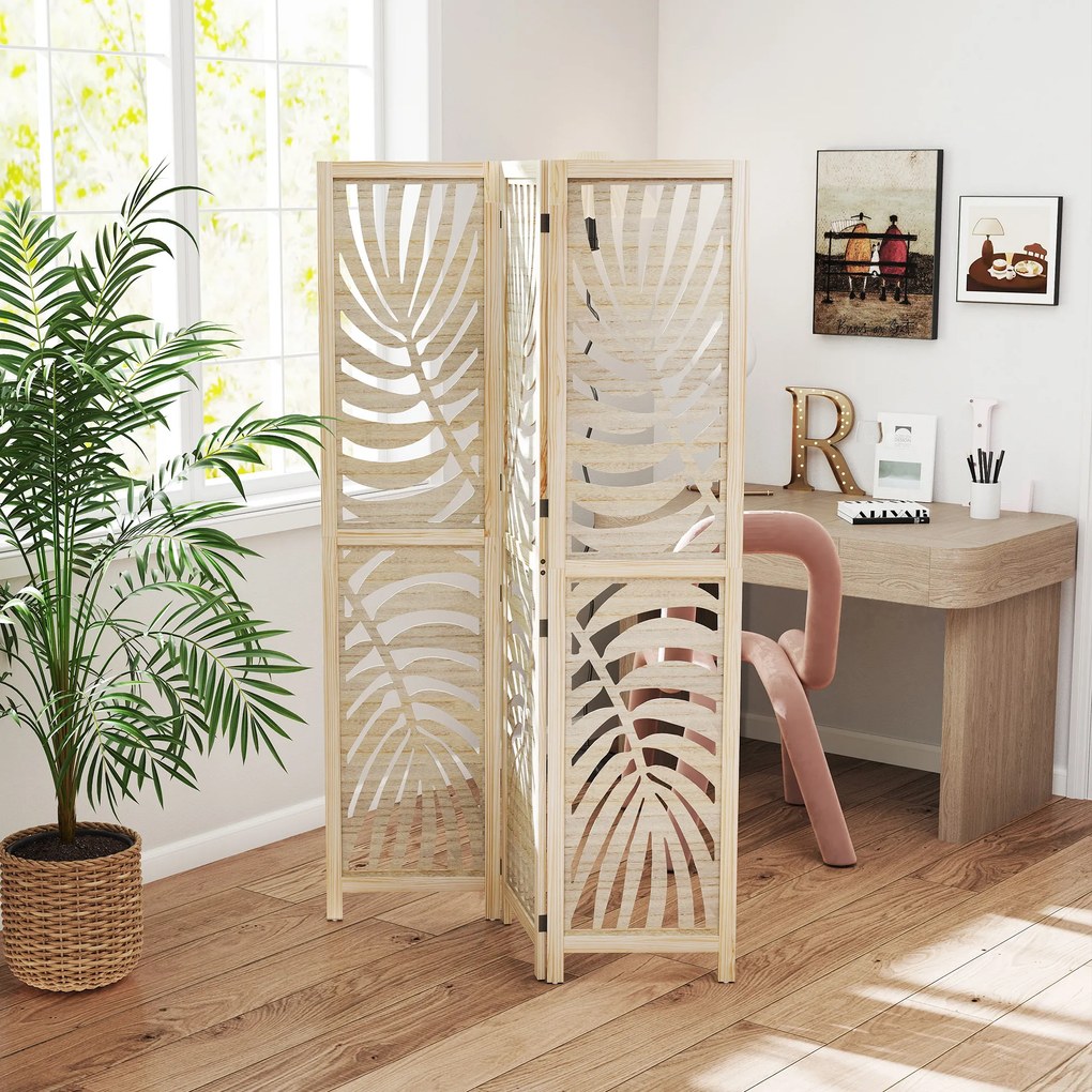 HOMCOM Paravan cu 3 Panouri, Separator Pliabil cu Design Frunze pentru Interior, Finisaj Natural | Aosom Romania