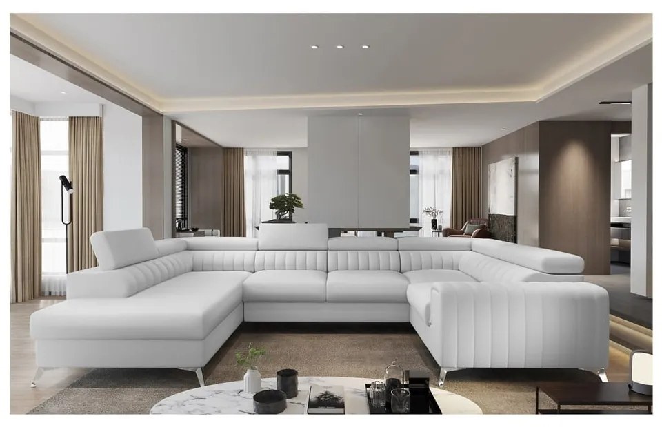 Colțar alb extensibil/cu spațiu de depozitare cu tapițerie din imitație de piele (cu colț pe partea stângă/în formă de "U") Louis – ELTAP