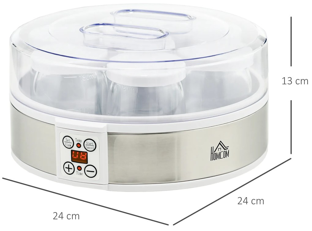 HOMCOM Mașină de Făcut Iaurt cu 7 Borcane Sticlă 180ml Cronometru Termostat Ajustabil Afisaj LED Deserturi Casnice | Aosom Romania