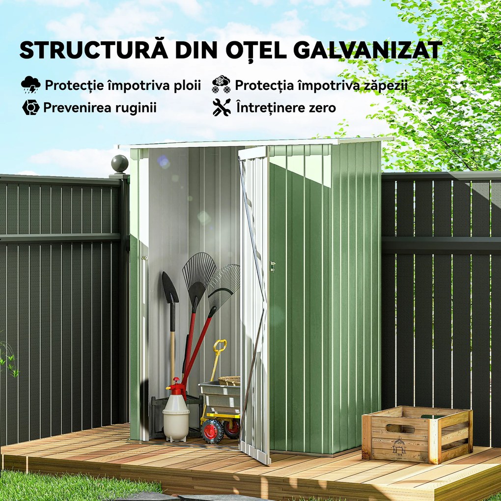 Outsunny Magazie de Gradina sopron Pentru Unelte din Otel, casuta de Gradina Usi Glisante, 142x84x189cm, Verde | AOSOM RO