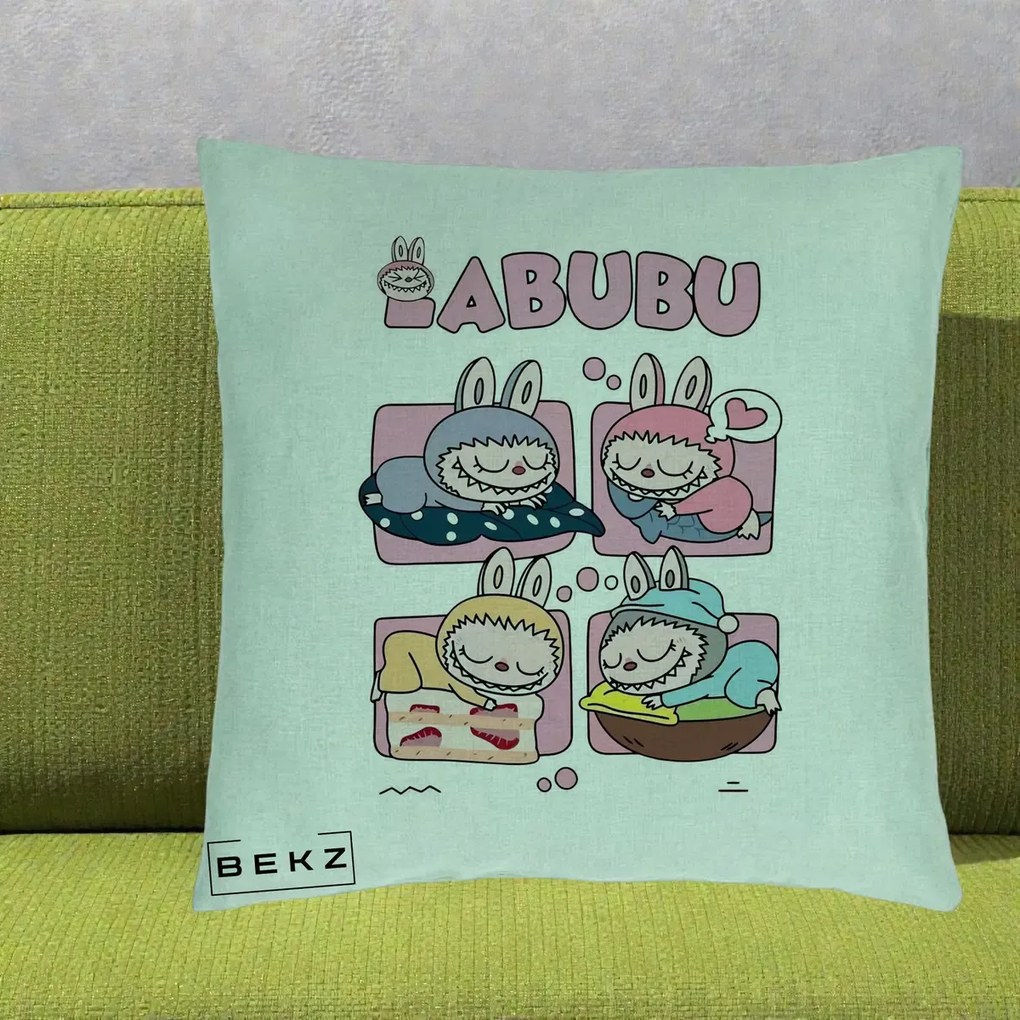 Perna Personalizata Labubu Sleeping Quad Grid, 40x40 cm, Verde Menta, Husa Detasabila, Perna Inclusa, BEKZ®