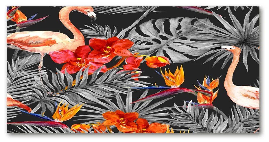 Tablou sticlă Flamingos și flori