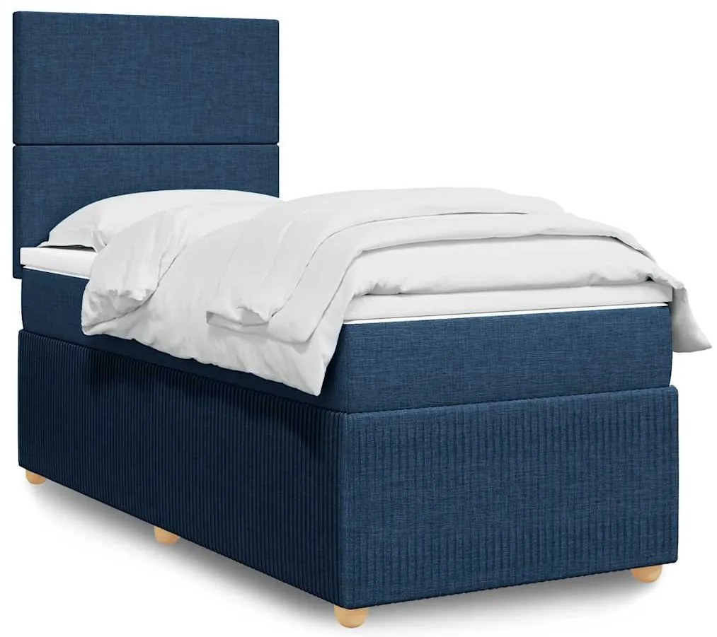 vidaXL Pat box spring cu saltea, albastru, 90x190 cm, textil