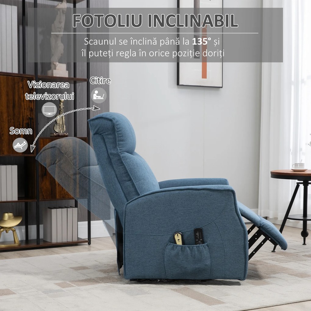 HOMCOM Fotoliu Recliner cu 8 Puncte de Masaj, Rabatabil la 135° cu Suport pentru Picioare, 74,5x87,5x110 cm, Albastru | Aosom Romania