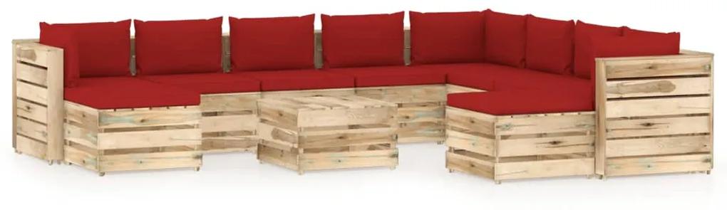 Set mobilier gradina cu perne, 11 piese, lemn verde tratat rosu si maro, 11