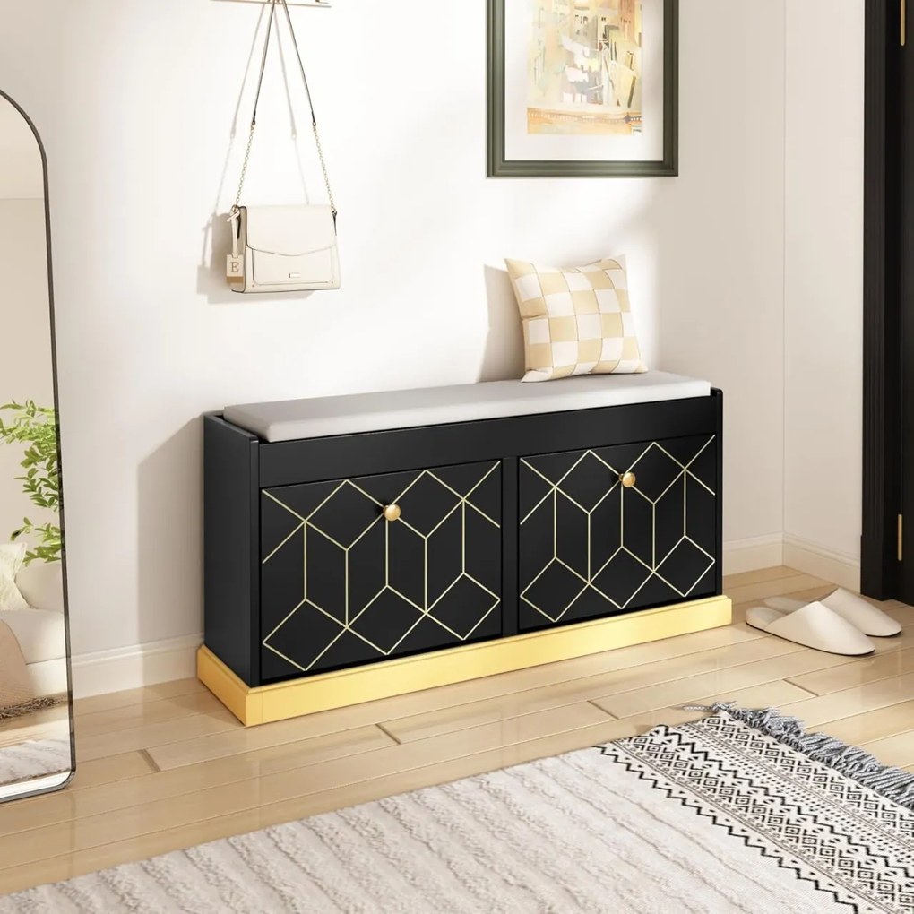 BAN247 - Bancuta hol 99 cm, banca pantofar, depozitare pantofi - Negru - Auriu