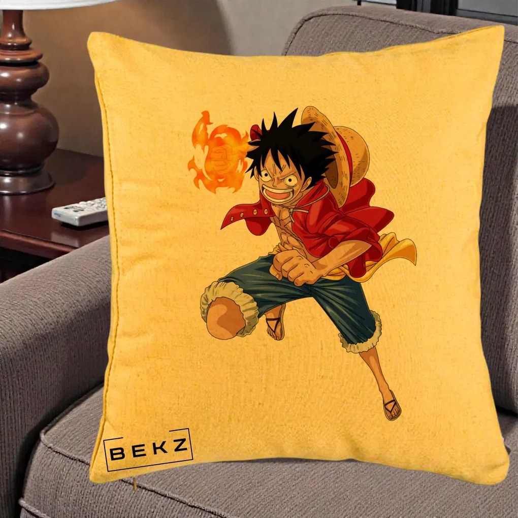 Perna Personalizata One Piece Luffy Gear Second Foc, 40x40 cm, Galben, Husa Detasabila, Perna Inclusa, BEKZ®