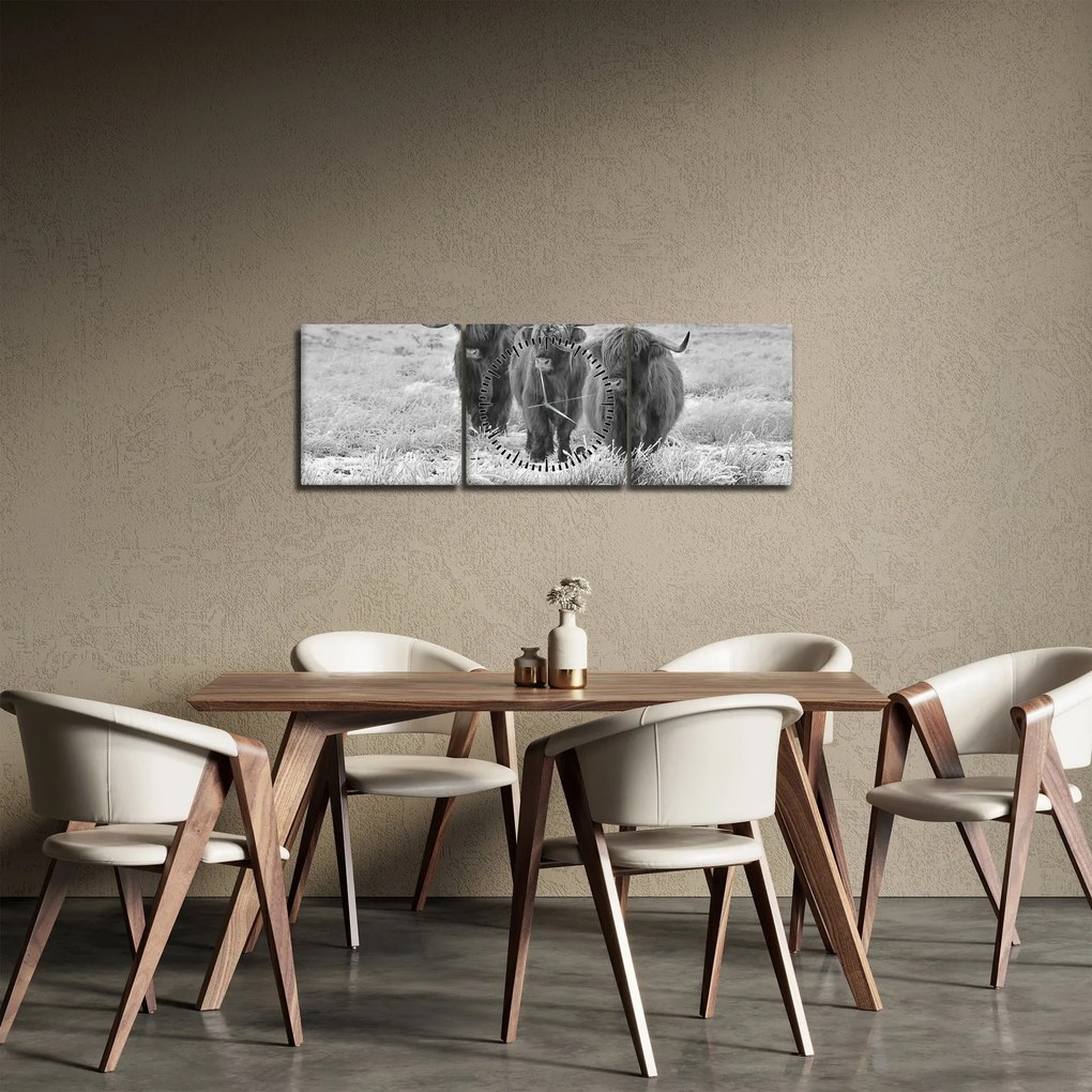 Tablou - Vaci scoțiene,alb-negru (cu ceas) (90x30 cm)