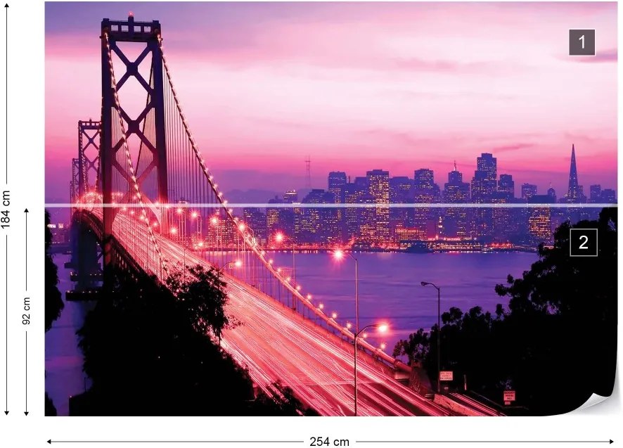 GLIX Fototapet - Pink And Purple City Skyline Golden Gate Bridge Vliesová tapeta  - 254x184 cm