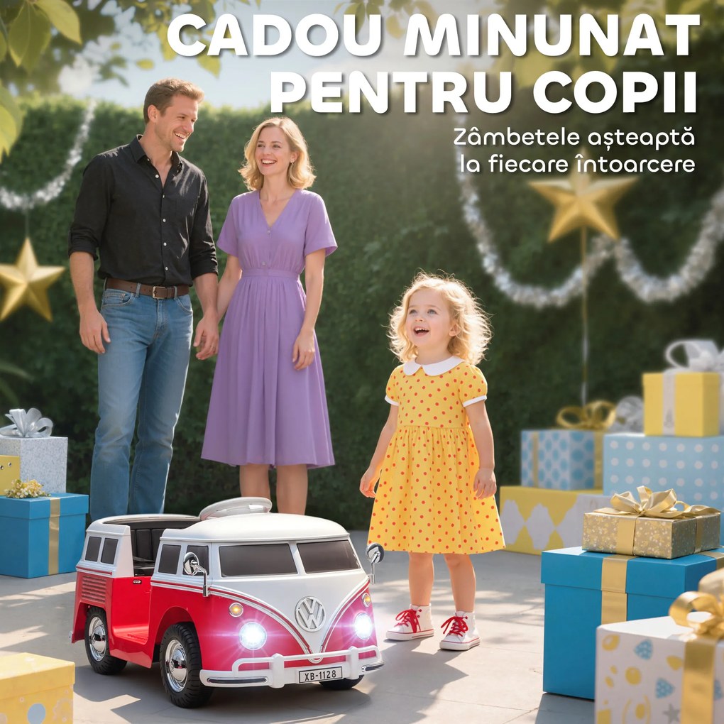 AIYAPLAY Mașinuță Electrică pentru Copii Licență Volkswagen T1 cu MP3 Player, din Metal și PP, 89x49x41.5 cm, Roșu | Aosom Romania