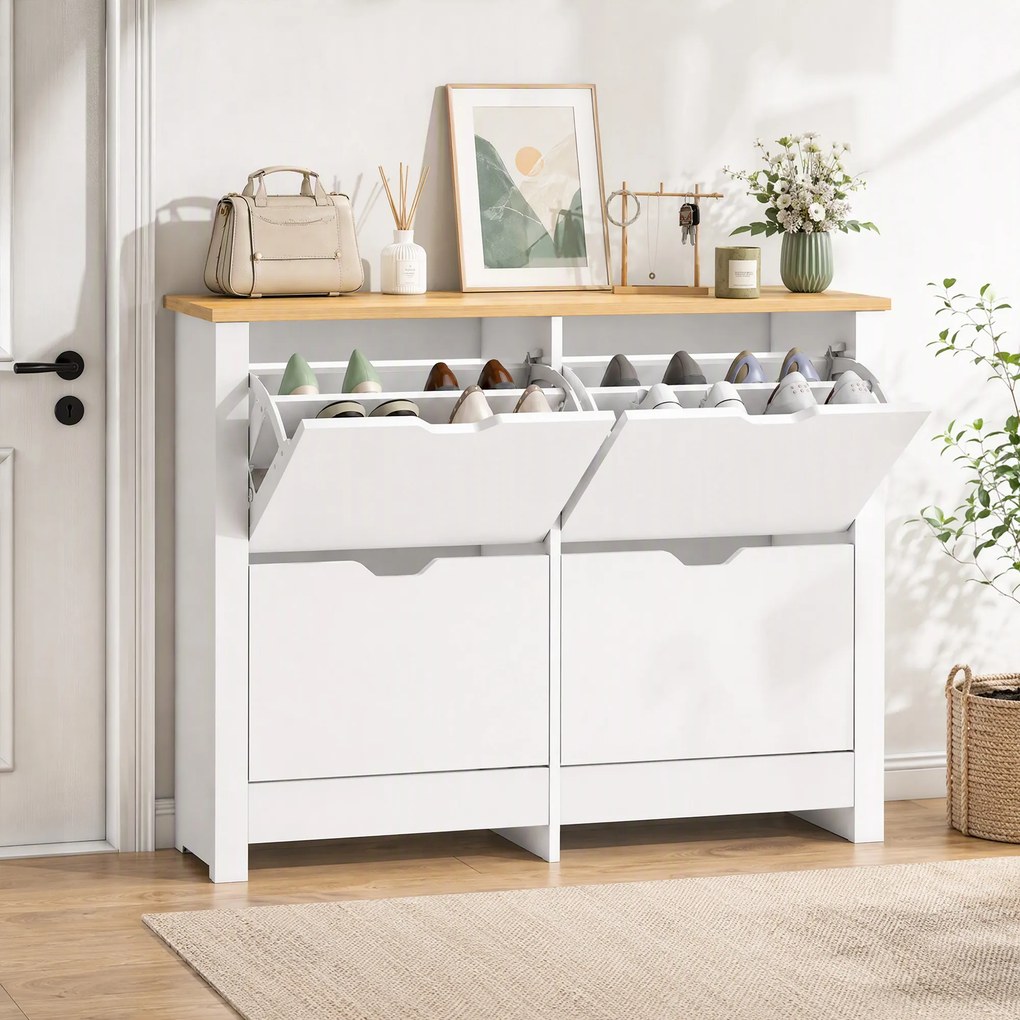 HOMCOM Pantofar Modern pentru max. 16 Perechi, cu 4 Sertare Reglabile și Detașabile, din Lemn, 105x26x80 cm, Alb | Aosom Romania