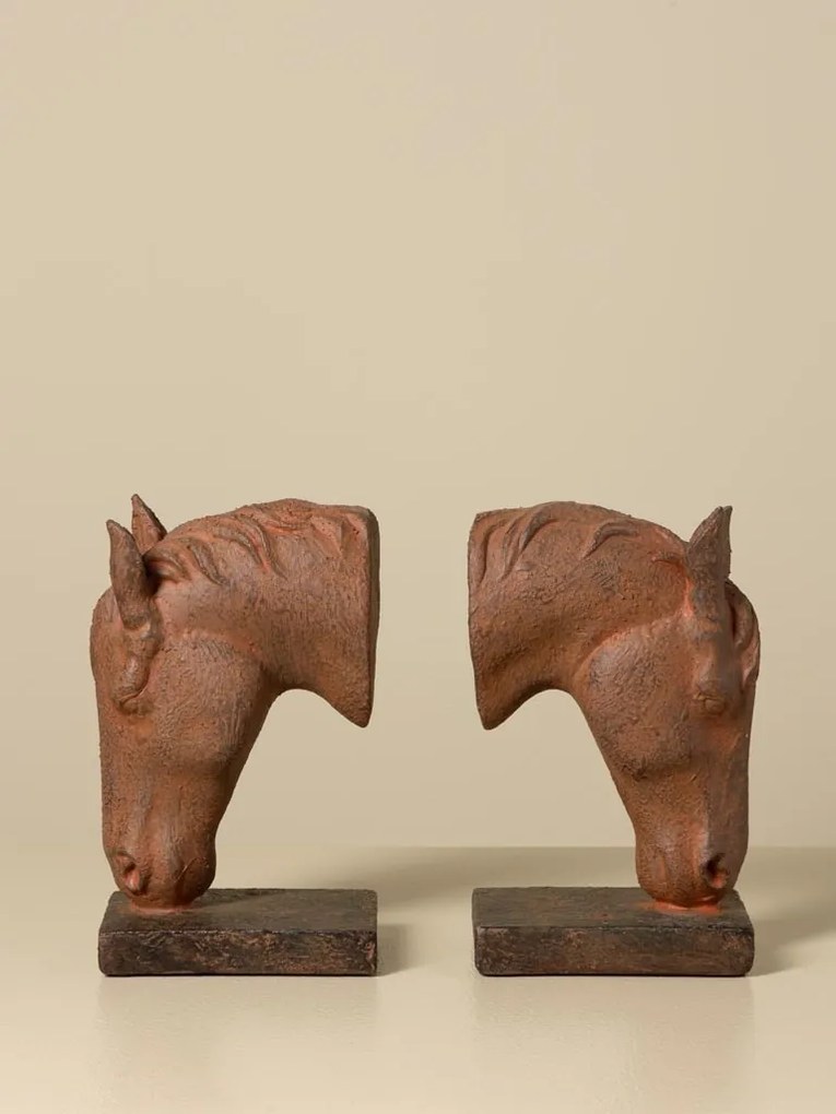 Set 2 suporturi pentru cărți din rășină, maro ruginiu, model cap de cal pe bază dreptunghiulară, finisaj patinat, 20,5 x 25,5 x 8,5 cm, „Cheval”