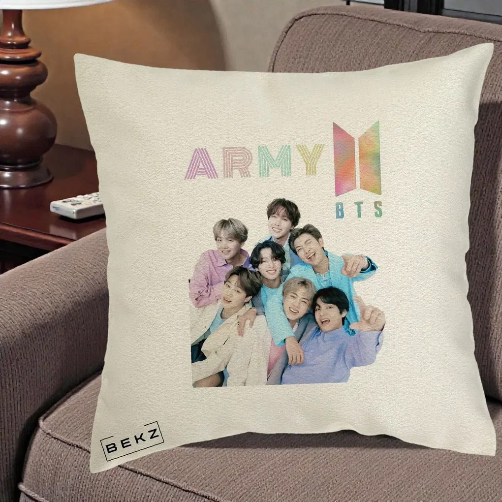 Perna Personalizata K-pop BTS ARMY Fotografie Grup Veseli, 40x40 cm, Ecru, Husa Detasabila, Perna Inclusa, BEKZ®