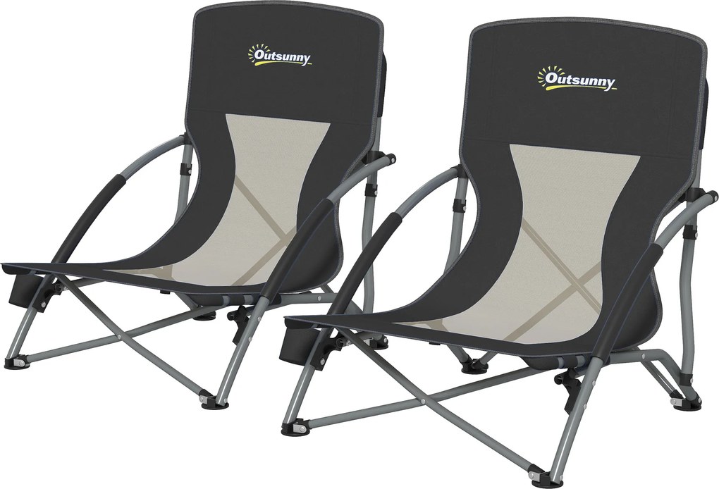 Outsunny Set de 2 Scaune de Plajă Pliabile și Ușoare cu Spătar din Plasă Brațe și Geantă 58x55x62 cm Negru | Aosom Romania