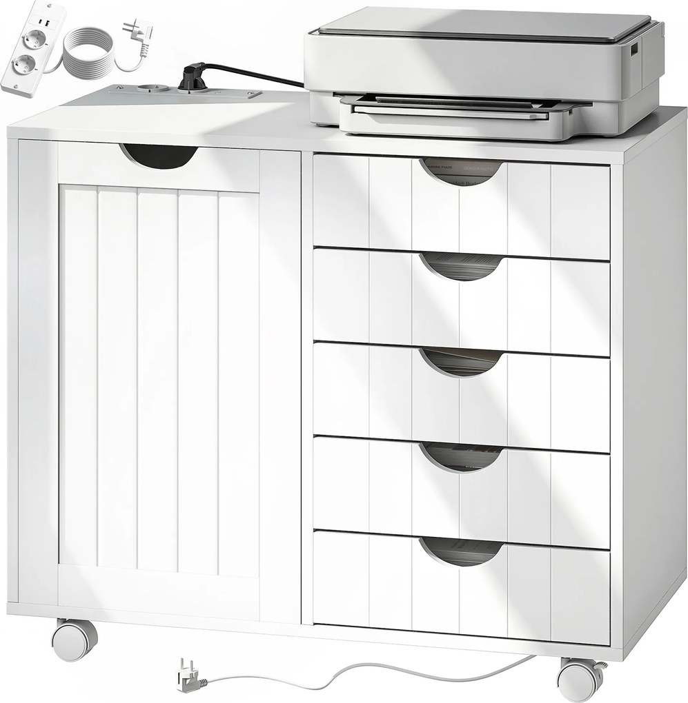 HOMCOM Mobilier pentru imprimantă cu stație de încărcare și roți 5 sertare porturi USB poliță reglabilă alb | Aosom Romania