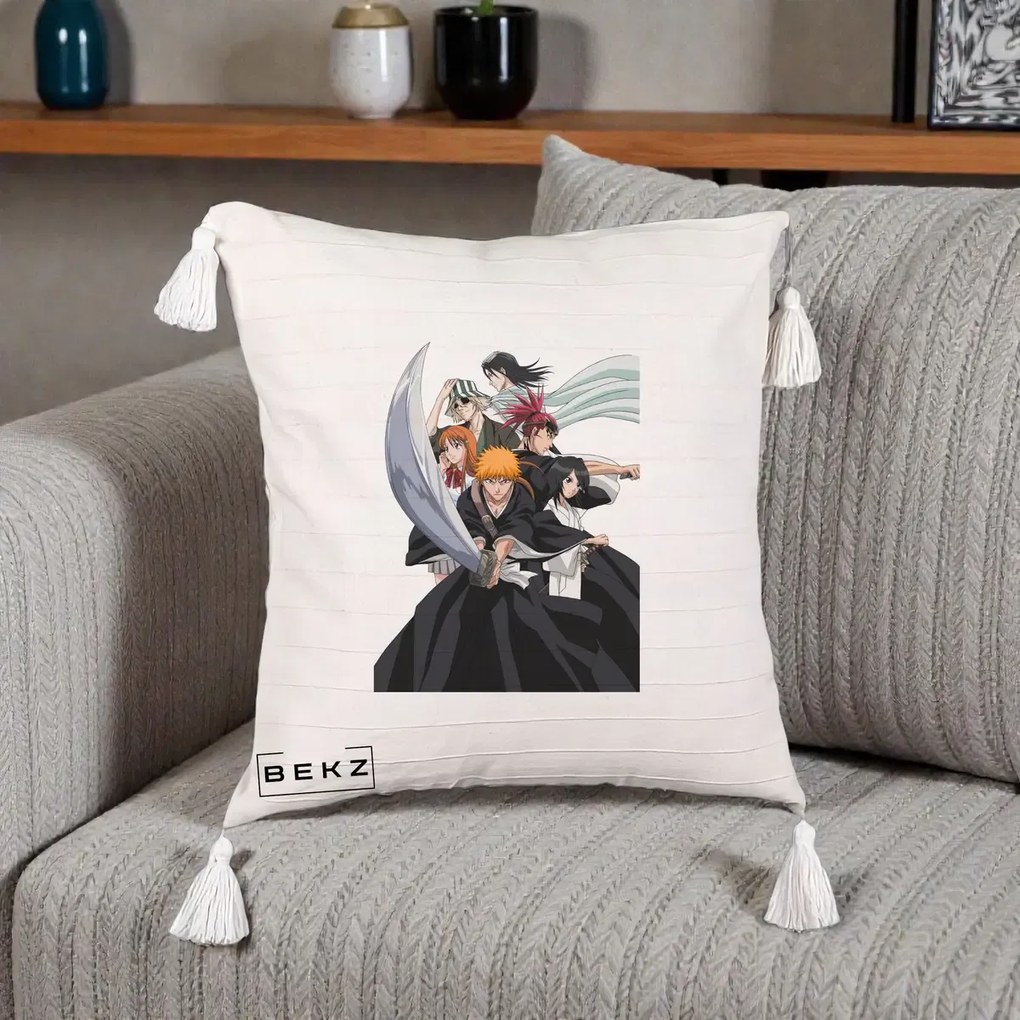 Perna Personalizata Bleach Grup Complet Ichigo si Prietenii, 40x40 cm, Bej cu Franjuri, Husa Detasabila, Perna Inclusa, BEKZ®