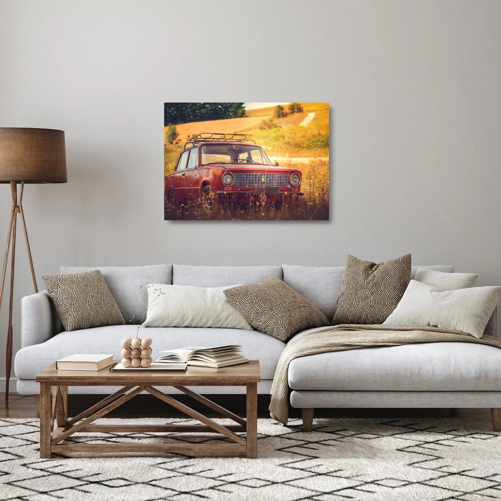 Tablou pe sticlă cu mașină în câmp (70x50 cm)