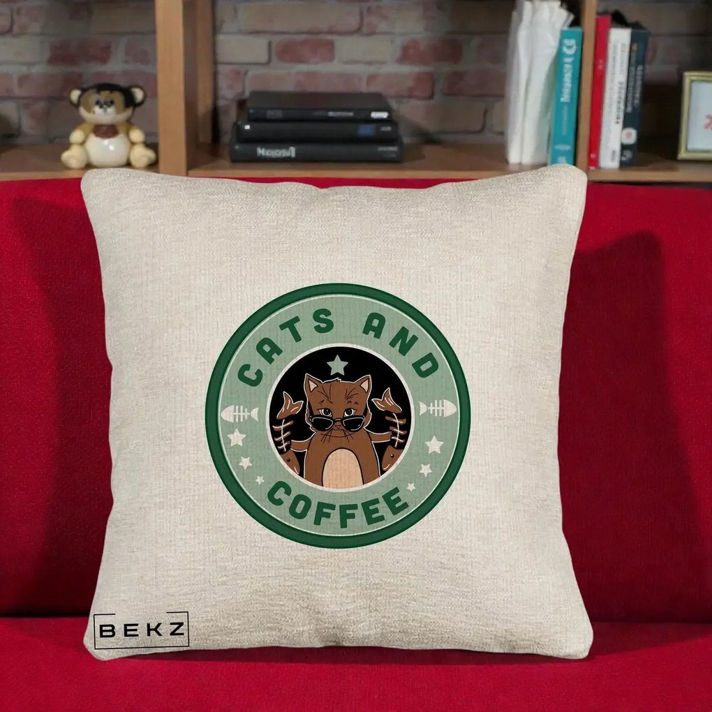 Perna Personalizata Cats and Coffee Starbucks, 40x40 cm, Bej Canapea, Husa Detasabila, Perna Inclusa, BEKZ®