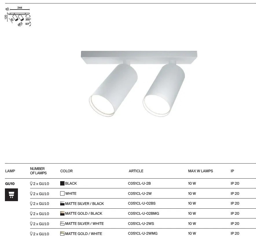 Aplica de perete / tavan cu 2 spoturi directionabile design tehnic Focus S negru, auriu mat