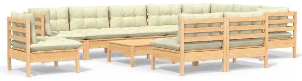 Set mobilier gradina cu perne crem, 11 piese, lemn masiv de pin maro si crem, 11