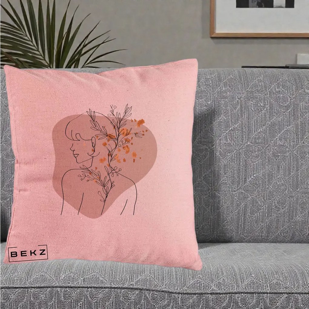 Perna Decorativa Femeie cu Flori Line Art Boho, 40x40 cm, Roz, Husa Detasabila, Perna Inclusa, BEKZ®